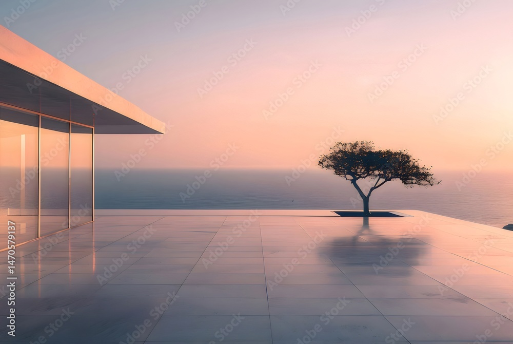 Poster 海の見えるモダンな家のテラスから眺める夕焼け空と木 美しい色の風景 モダン建築デザインの背景 静けさと平和の象徴
