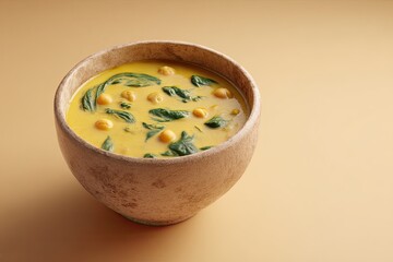 Chickpea Spinach Curry in Bowl on Neutral Background.