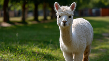 Obraz premium Adorable white alpaca in lush green field with trees and sunlight