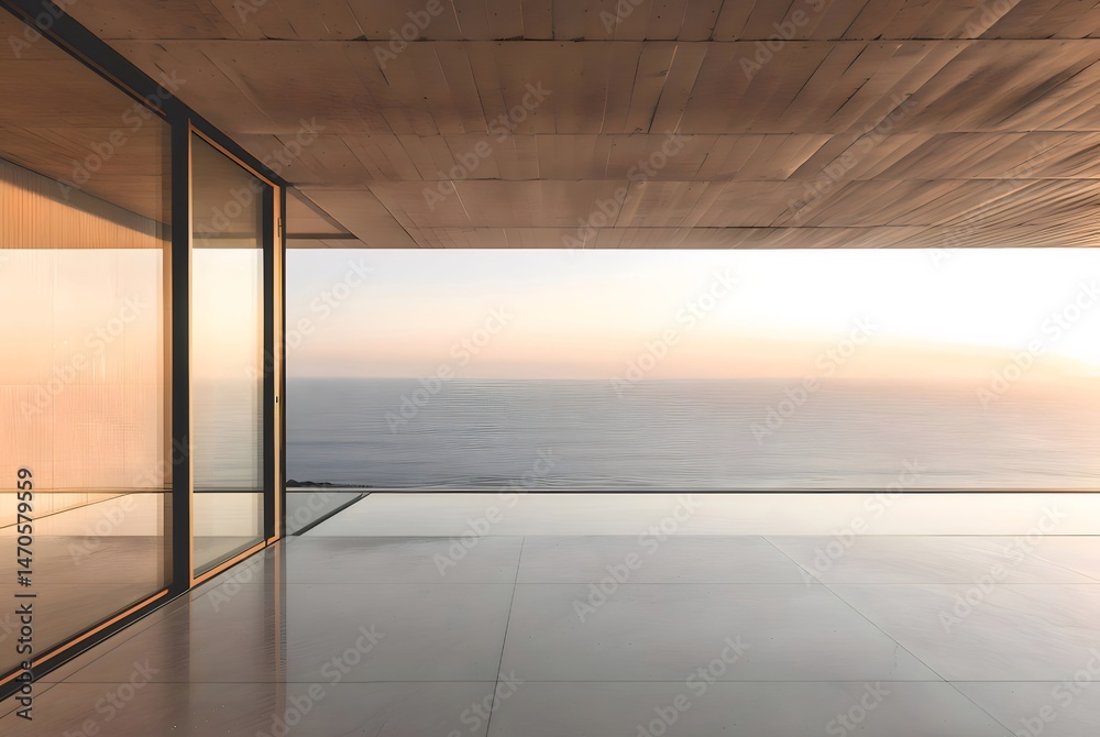 Poster 海景を望むミニマルなコンクリート建築 テラスからの夕日 空と海の眺めが美しいモダンデザイン