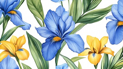 Exquisite Seamless Tropical Floral Pattern with Blue Lilies on Yellow Background