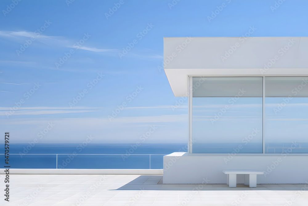 Poster 地中海風の白い建築物と青い空のミニマルな景観 海を望むモダンな建物デザインとテラスのある休暇リゾート