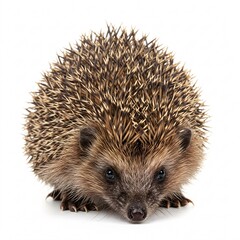 Fototapeta premium A small European hedgehog with brown and cream spines walking, isolated on a white
