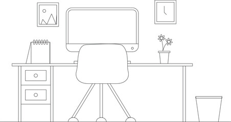 Minimalist workspace desk setup line art illustration featuring a modern computer, office chair, plant pot, calendar, and wall decor, perfect for digital workspace concepts, home office designs, prod