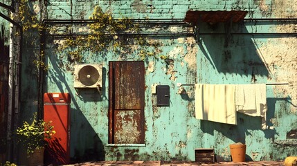 Photograph of a weathered teal wall with laundry, a red appliance, and flowering vines.