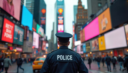 Police officer stands in Times Square, NYC. City street scene with lights, billboards, crowd. Law enforcement, urban life, security, safety, patrol, public service. Day, back view, looking over
