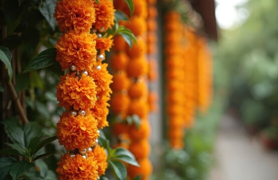 Marigold flower garland toran decoration for Indian Hindu holidays. Diwali celebration decor for home, temple. Bright orange zendu flowers. Traditional Indian wedding ceremony decor.