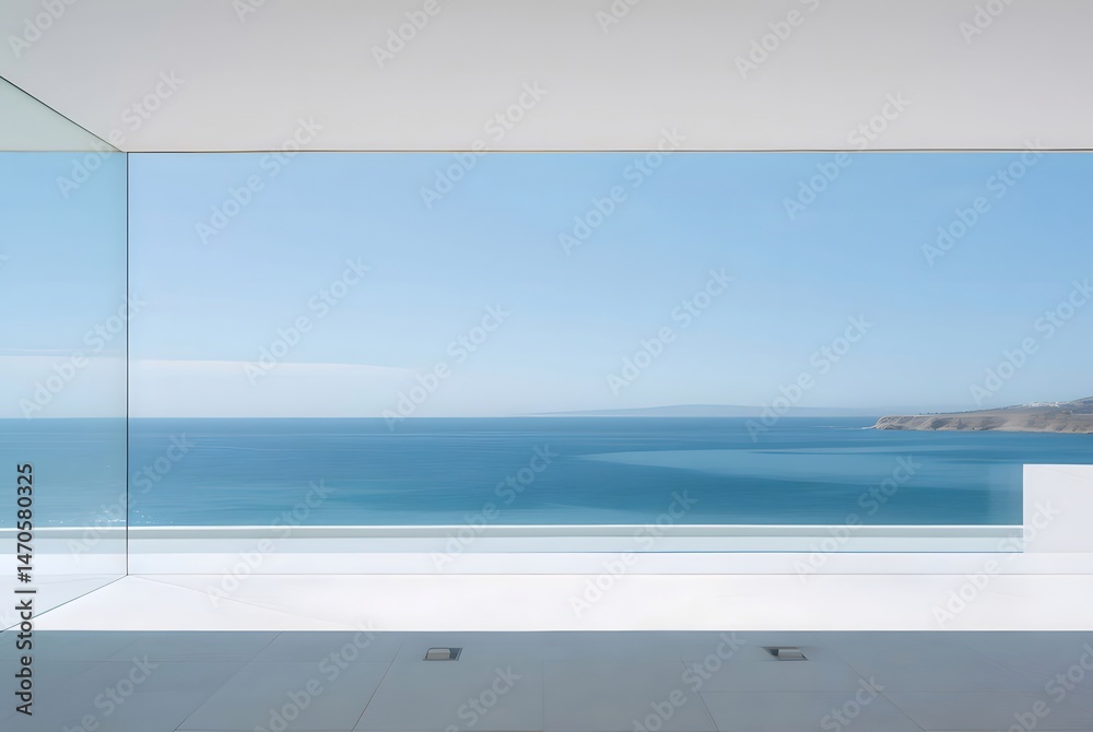 Aufkleber 白い壁のフレームを通して見える青い海と空の穏やかな風景 デザインされた窓からの平和な眺め 輝く海と空に囲まれた静かな空間