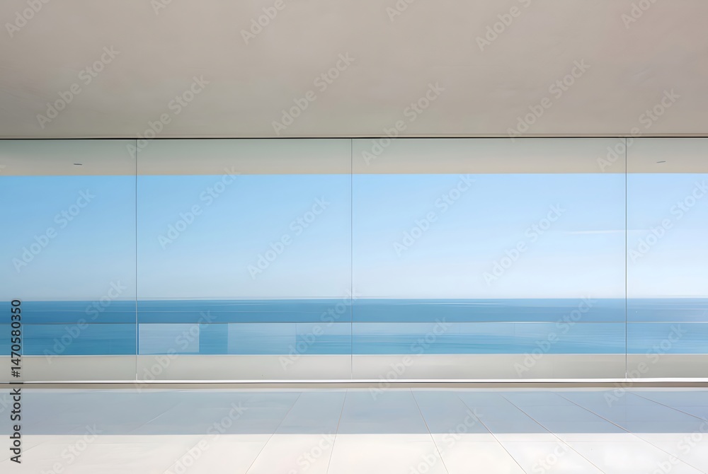 Aufkleber 明るい白を基調とした部屋からの穏やかなオーシャンビューと青い空のミニマルな眺め