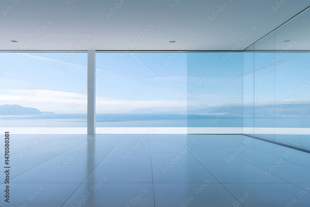 Aufkleber 広大な海の景色を望むモダンな白いインテリアの部屋と床の反射とミニマルなデザインが特徴