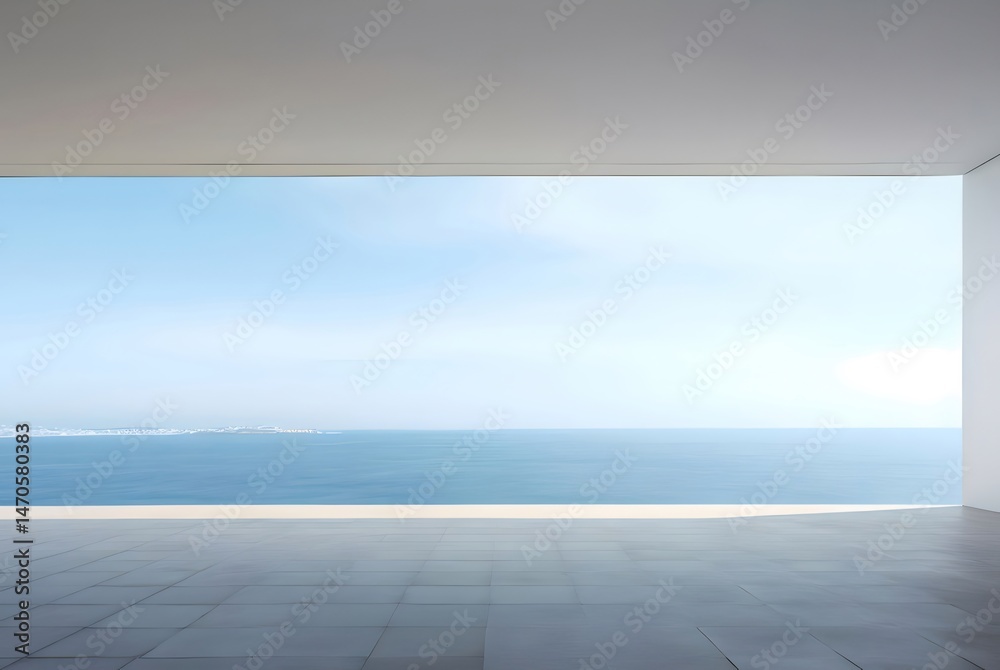 Aufkleber 白い建築構造フレームの紺碧の海の景色に照らされた広々としたミニマリストのテラスからの水平線の眺め