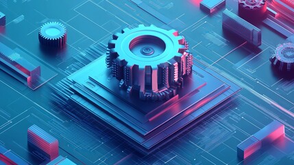 Abstract technology gear background digital design modern futuristic 3d blue pink data metal purple