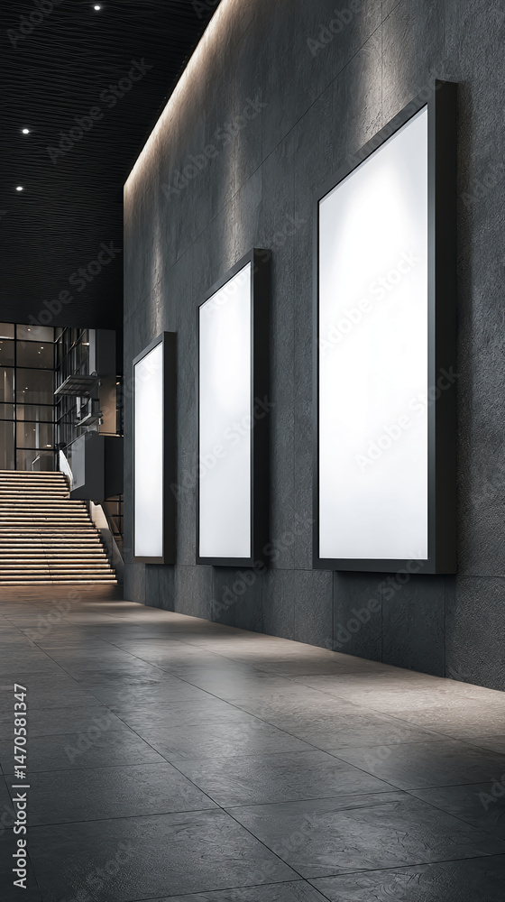 Poster three blank frames on dark wall in modern building hallway, showcasing advertisement space, creating