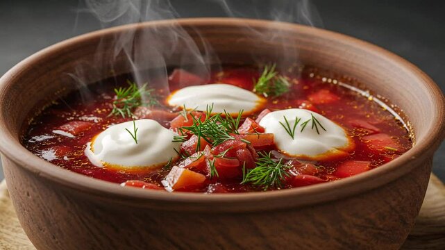 Delicious homemade borscht soup recipe with sour cream and fresh dill in a rustic bowl steaming hot