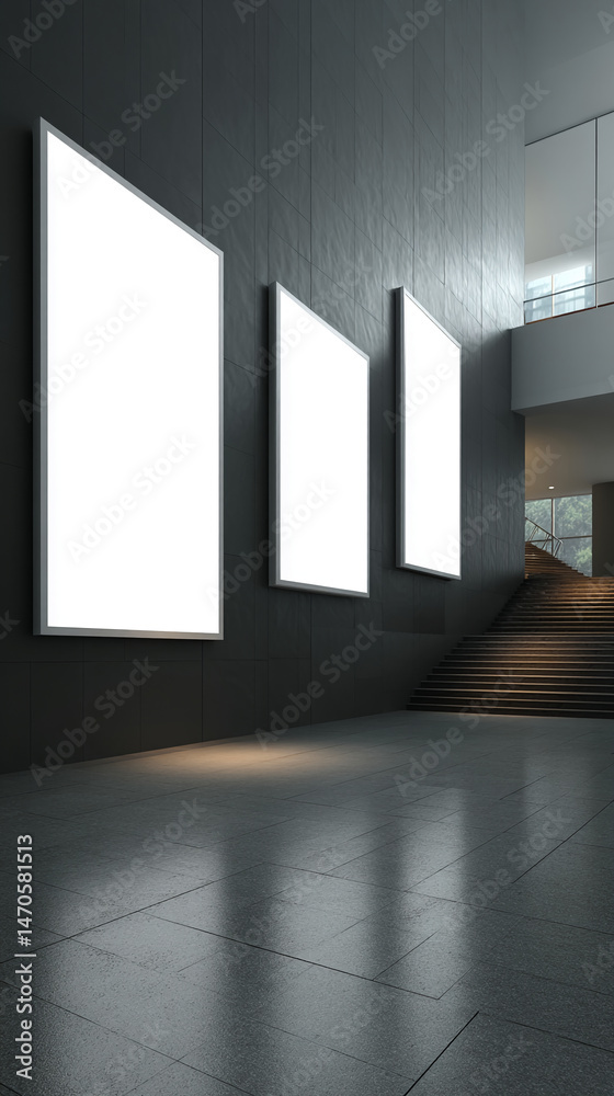 Poster three blank rectangular frames mounted on dark wall in modern building interior, near staircase, off
