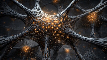Abstract fractal art dark grey orange glowing network design 3d web mesh image space light lines