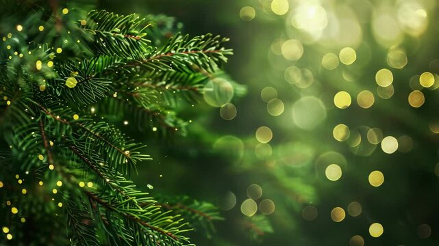 A close-up of vibrant evergreen branches with bokeh lights offers a warm holiday mood. The soft, blurred orbs of light add a festive touch to the scene.