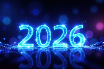 Glowing "2026" digits against a deep blue backdrop with sparkling light spots, suitable for themes of future - oriented events, digital milestones, and celebratory technology.