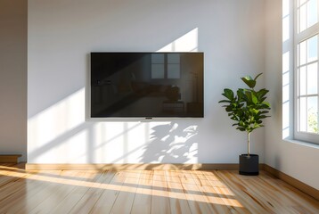 ミニマルなリビングルームのインテリア、壁掛けテレビ、観葉植物、光が差し込む木製の床、白い壁と窓の明るい室内空間
