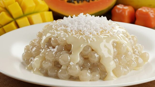 Tapioca dessert with coconut milk and fresh fruits, tropical asian cuisine food photography close up view