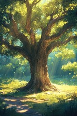 Fototapeta premium seasoned oak tree standing tall in a sun-dappled clearing, its branches outstretched in a comforting embrace