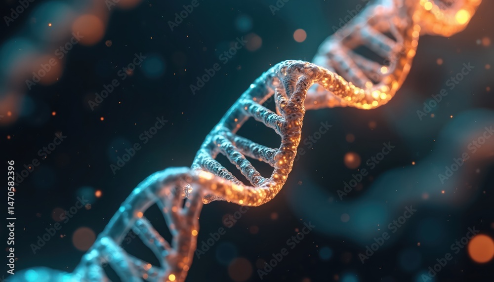Poster close-up illustration of dna helix structure. science tech concept. digital art features vibrant col