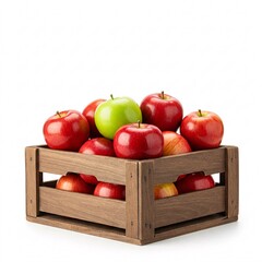 Wooden crate filled with red apples, isolated on a white