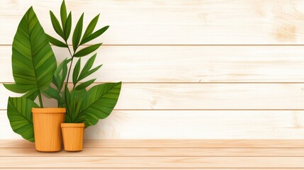 Fototapeta premium Lush Green Tropical Plants in Wooden Pots on Light Wood Background