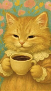 Cat Drinking Coffee Cup With a Floral Background