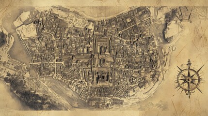 Detailed antique style map of a city.