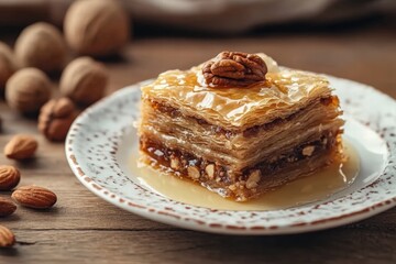 Turkish baklava, showcasing layers of flaky pastry and nuts, drizzled with honey syrup, presented on a delicate white porcelain plate