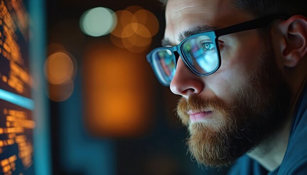 Bearded man with glasses intently looks at computer screen, possibly coding analyzing data. Focus on eyeglass reflection digital interface details. Modern office setting, tech-focused, with bokeh