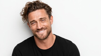 Fototapeta premium Portrait of a smiling man wearing casual black t-shirt, relaxed and happy, isolated on white background
