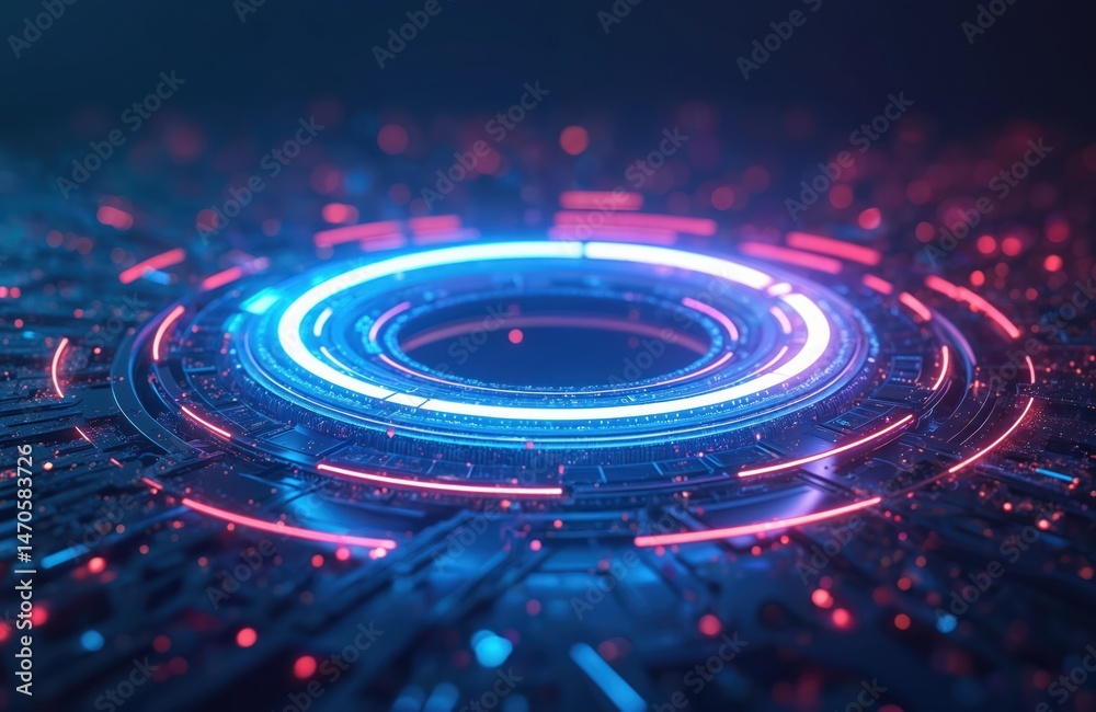 Poster digital abstract artwork of neon ring web network. futuristic design with glowing blue, red lights, 