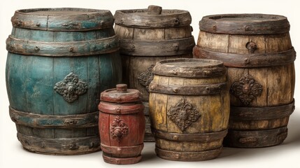 Fototapeta premium Set of old wooden barrels, rustic and vintage, isolated on background