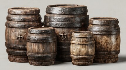 Fototapeta premium Set of old wooden barrels, rustic and vintage, isolated on background