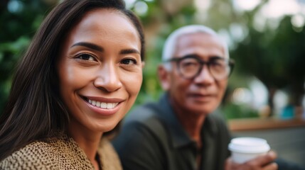 Smiling young hispanic female and elderly asian male enjoy outdoor coffee together