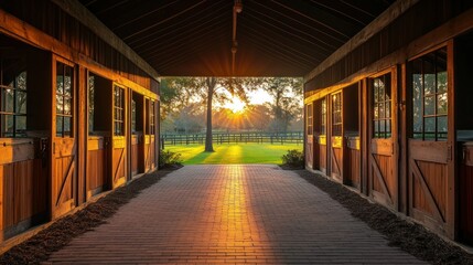 Sun-drenched stable aisle, warm hues, inviting interior, tranquil setting