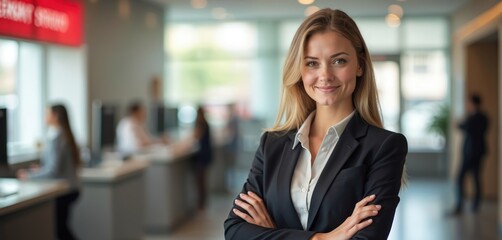 Portrait of smiling woman bank teller in modern office. Pro, confident in suit looks directly at camera, arms crossed. Finance, business, financial services.