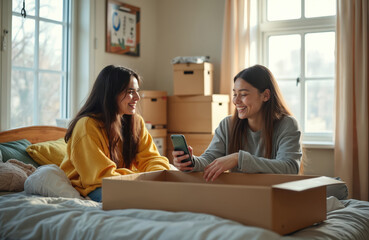 College female students unpack boxes in dorm room. Happy young women smile viewing smartphone content. Friends moving day. Roommates enjoy college life. Modern interior, natural light. College life,