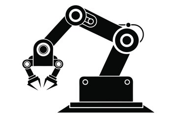 Black mechanical arm with metal claws stands against a white plain background