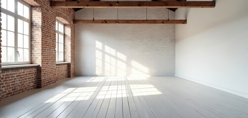 Modern empty loft interior with exposed brick wall. Large windows provide natural daylight, bright lighting. Open space studio or warehouse for design, art, photo, video content.