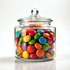 Colorful candy jar filled with vibrant chocolate treats on white background. Glass container of colourful sweets candies. Delicious sweets for celebration, party, kids. Assorted tasty snack.