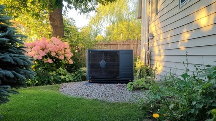Modern Heat Pump in Lush Garden Setting at Golden Hour