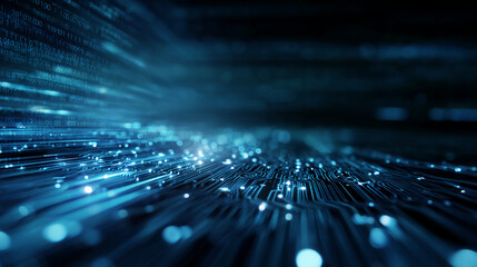 Abstract digital circuit board texture with glowing blue lines and binary code, showcasing technological innovation and data flow