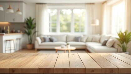 Wooden table foreground with blurred modern living room background. Airy, bright, home interior, sunlight through window. Neutral colors, minimalist design. Cozy family room, apartment, real estate,