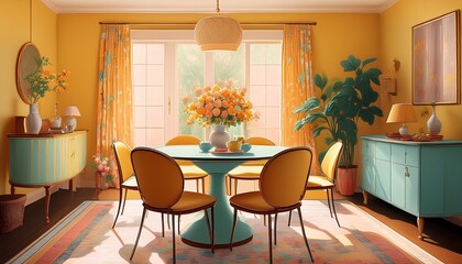 Esszimmer mit runder 50er-Jahre-Tischgruppe