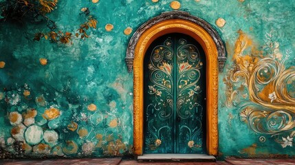 Ornate teal door on an aged turquoise wall with gold accents and floral patterns