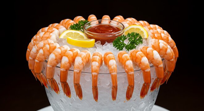 Chilled jumbo shrimp arranged on a ice-filled glass tower with cocktail sauce. Lemon wedges and parsley garnish, luxury party vibe