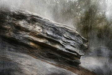 A large, textured rock formation dominates the foreground, set against a softly blurred forest backdrop.